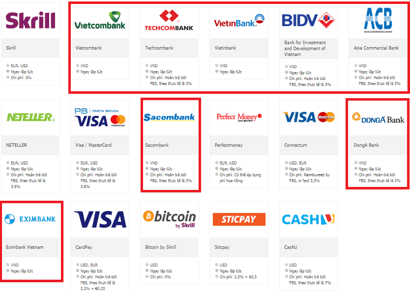 Rất nhiều ngân hàng nội địa Việt Nam hỗ trợ giao dịch FBS. 