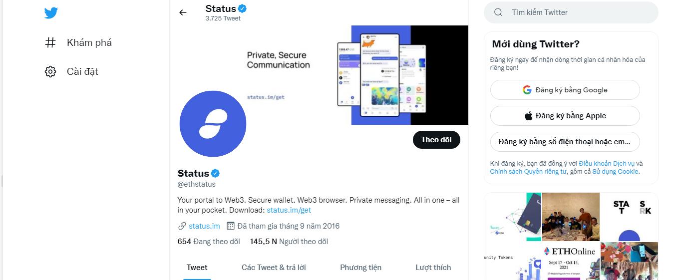 Cộng đồng twitter của SNT coin. 