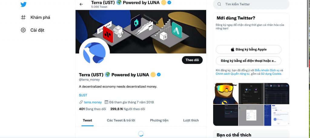 Cộng đồng twitter của UST coin. 